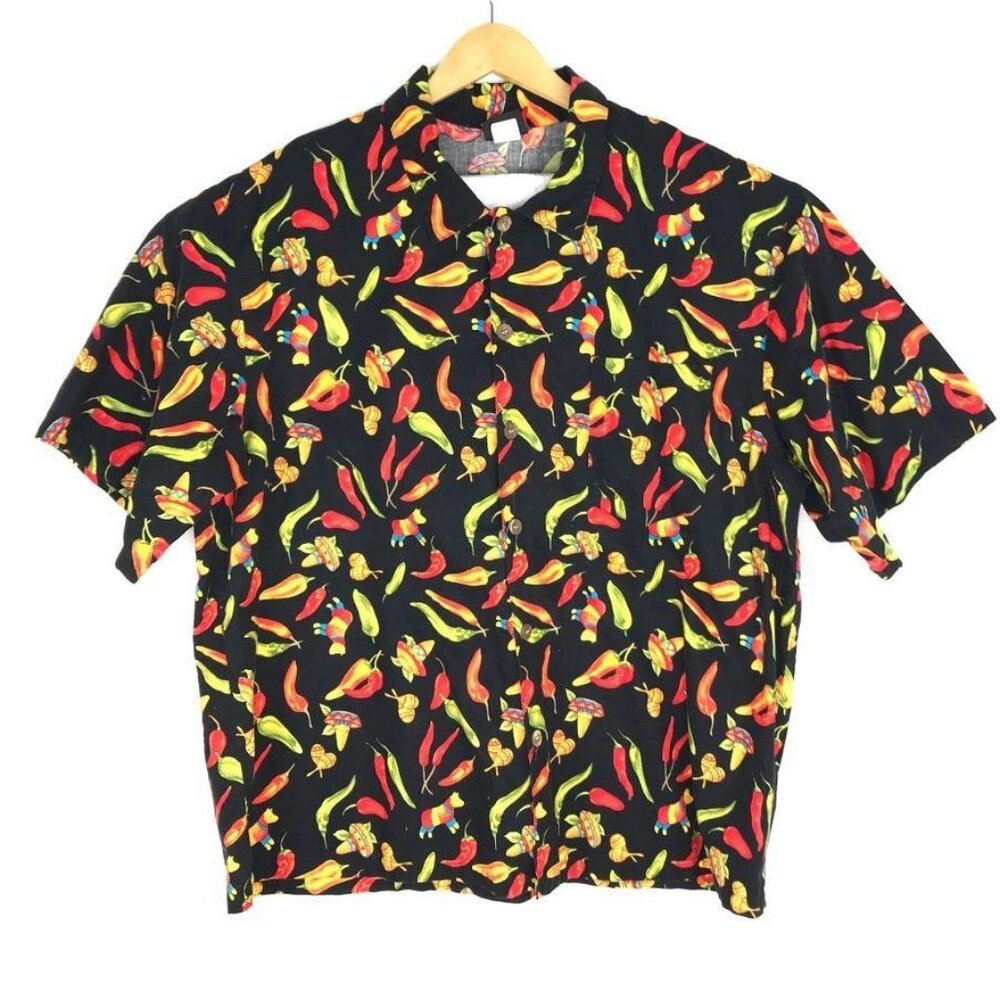Vintage Toucan Dance Pepper Print Button Up Shirt Mens XL Black Short Sleeve